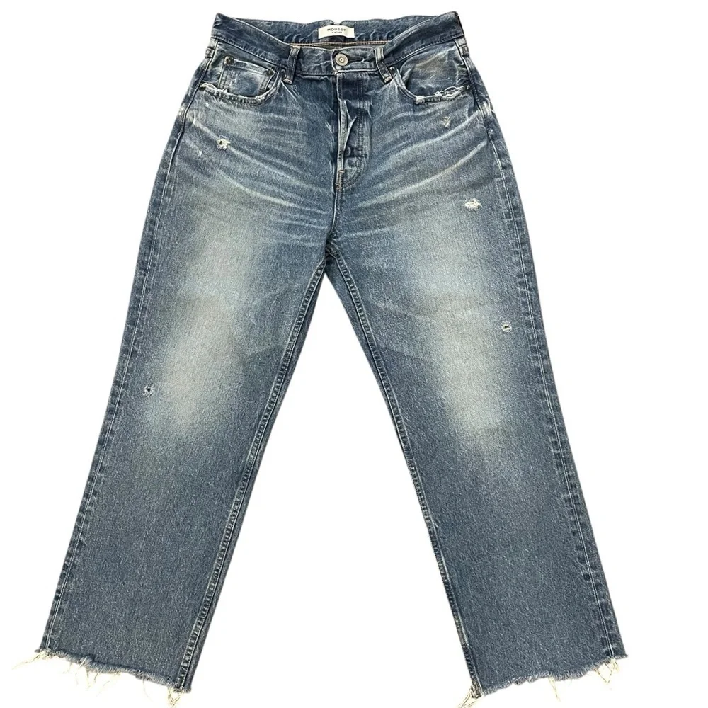 MOUSSY VINTAGE Women's Distressed Howa Jeans Raw Hem Button Fly Straight Blue 27